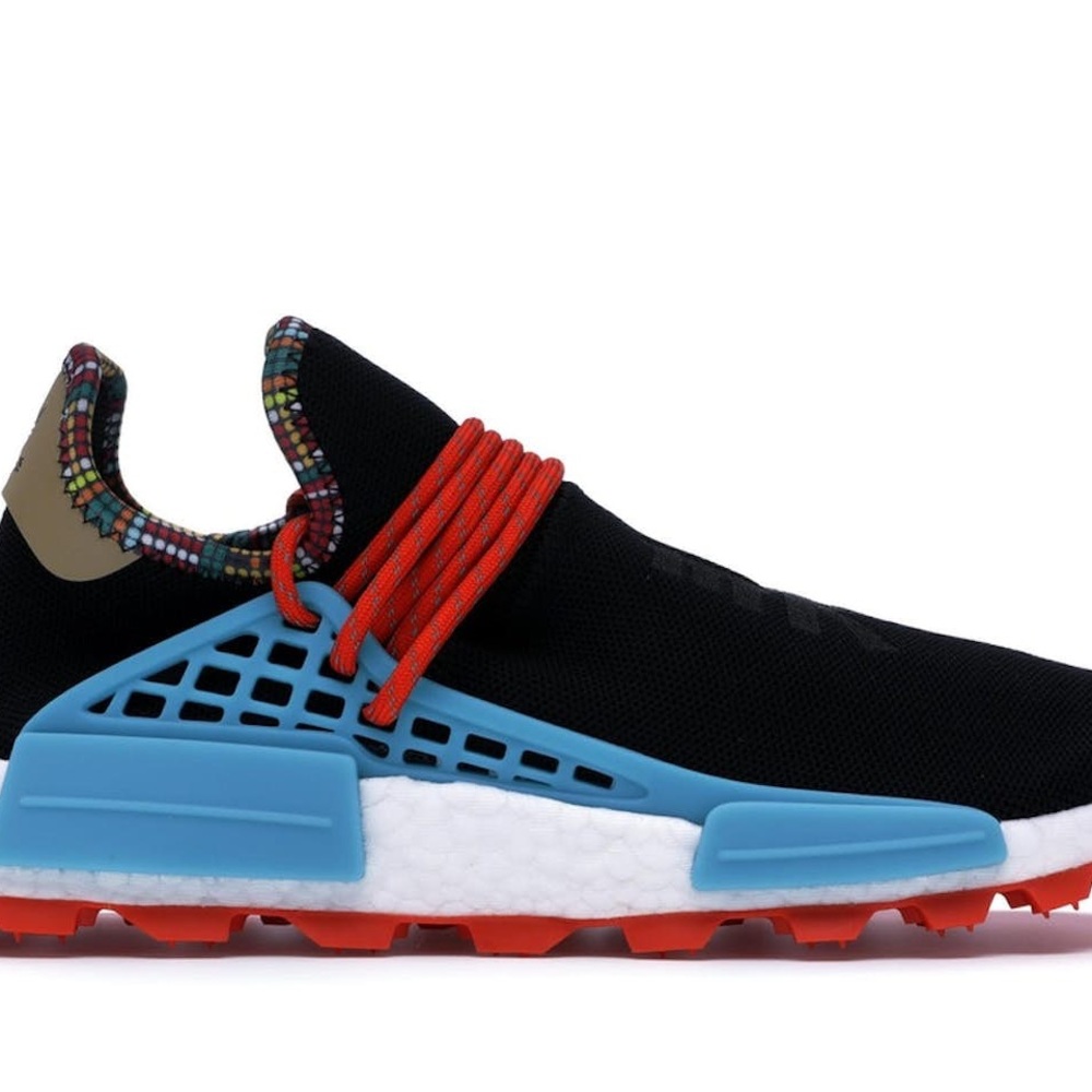 Pharrell Adidas Black and Blue Sneakers with Red Accents